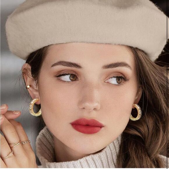 14K Yellow Gold with Champagne Topaz Cubic Zirconia Drop Hoop Leverback Earrings - Picture 4 of 7